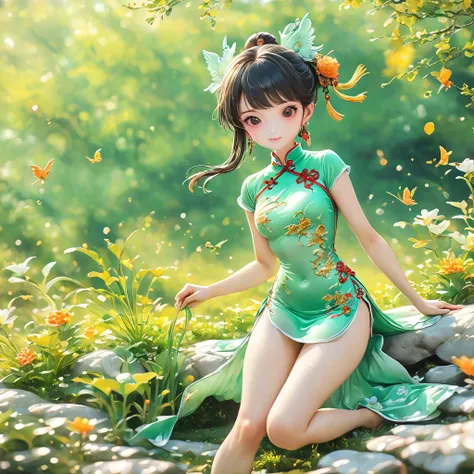 best quality, very good, 16K, ridiculous, Very detailed, charming(((cheongsam 1.3)))wing，Made of jadeite, Background grassland（（A masterpiece full of fantasy elements）））， （（best quality））， （（Intricate details））（8K）