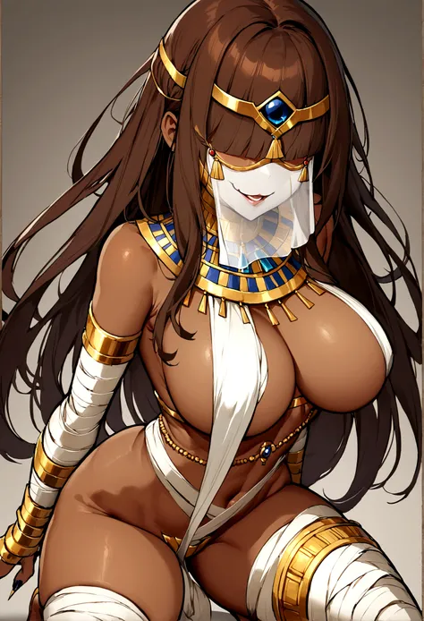 Woman,tan skin, bangs covering eyes. Chestnut brown long hair. Volumptious body. Covered in bandages like a mummy. Revealing clothes, . Golden circlet. Giggling. Evil smile, egyptian style clothing, egyptian style hairstyle, thin waist, large breast, allur...