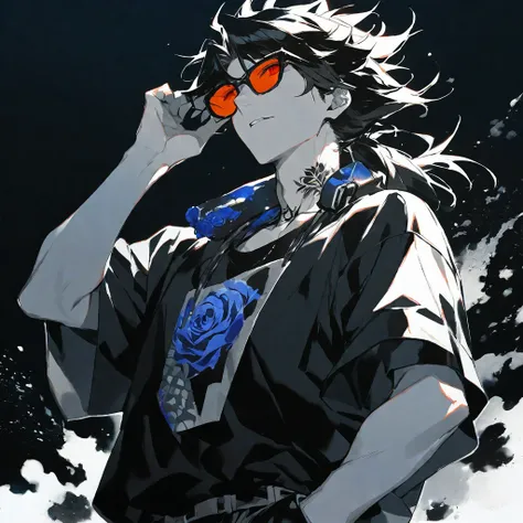 Solo,handsome, monochrome,watercolor,1 male, Ponytail, Braided black hair, red eyes, Gojo Satoru,casual,Blue Rose Tattoo,black Oversized 服,casual,Stylish,cool,Wear sunglasses around your neck,Void,look up,
blackbackground,İcon,Despise face up