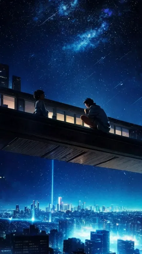 anime painting inspired by Makoto Shinkai, space art, sideways gray Cyberian cat sitting on the roof of a building looking at the sky, mysterious, fantastic, meteor shower, intricate lights, twinkling city lights, unmanned