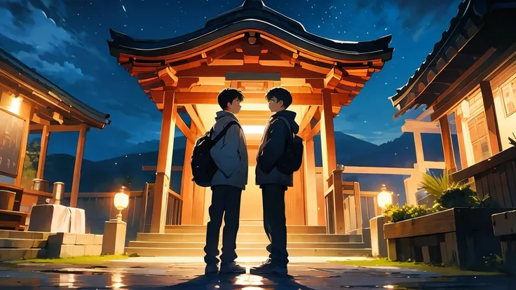 Best Quality， Masterpiece， Ultra-high resolution，Shrine at night、A 15-year-old boy and girl are standing side by side、Embarrassed、love