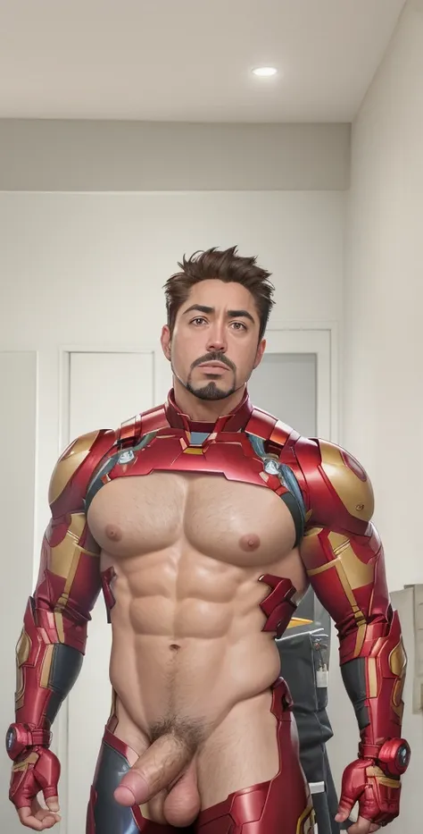 1boy, Tony Stark, solo, facial hair,34 yrs old, dom, male focus, flaccid penis, pectorals, bara, muscular, mature male, muscular male, abs, beard, ring nipples, short hair, navel, stomach, large pectorals, thick eyebrows, bare pectorals, fair-skinned male,...