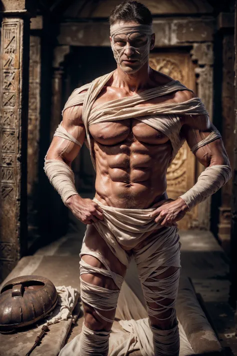 Photorealistic, ((best quality)), ((masterpiece)), (detailed), horror masculine portrait of adult model dressed up as a mummy, 50-year-old male model, evil look, dark look, powerful, mature face, sport body,slim and tall body, wearing Camouflage big bulgin...