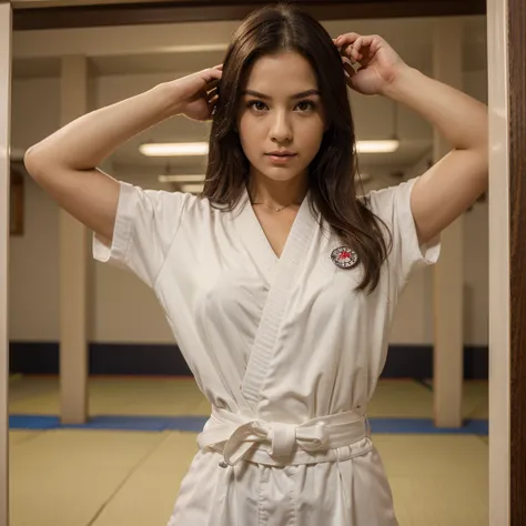 1girl in, 30 years old, Square face, Long hair, Looking at viewer, jewelry, Reality, Sexy, sexy karate uniform, karate dojo , free pose