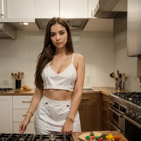 1girl in, 30 years old, Square face, Long hair, Looking at viewer, jewelry, Realistic, Sexy, chef outfit, kitchen background, free pose