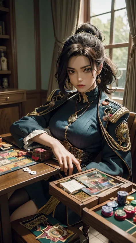 
“Create an image in the style of JoJo’s Bizarre Adventure, featuring two characters sitting at a table playing a board game. The characters have exaggerated poses, intense expressions, and dynamic manga-style lines. One character is wearing a military-sty...