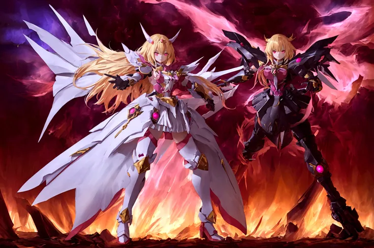 mecha style magical girl, blond hair, red eyes, wearing a magical girl armor in a mecha style, standing battle ready , full body in picture, turned towards viewer