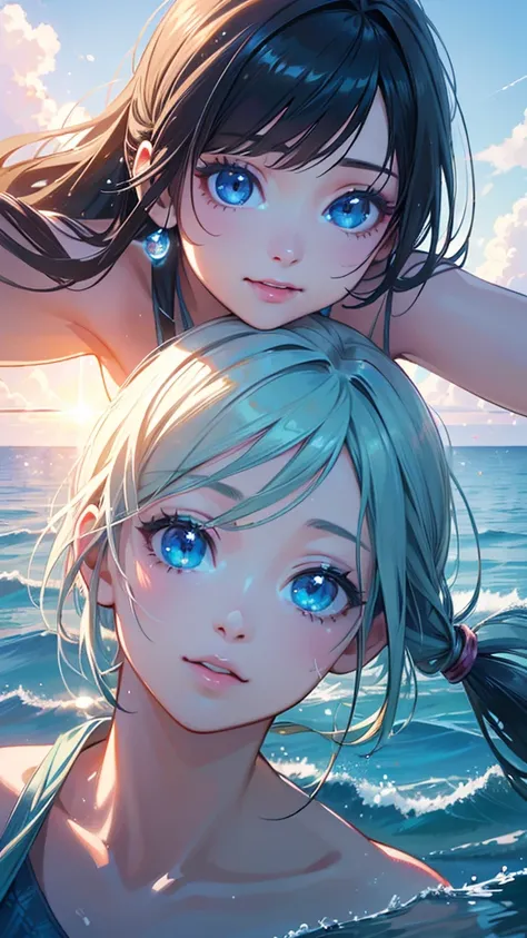 a beautiful girl in a , two high school girls, one with twin tails and one with a ponytail, summer sky, over the sea, water splashing, sunlight reflecting on the water, rays of light, the two girls are playing and having fun, bright and cheerful, (best qua...