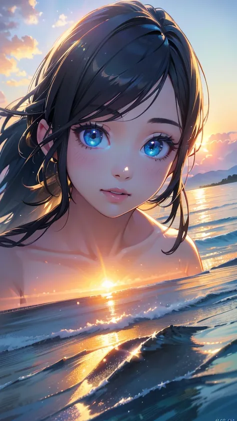 a beautiful girl in a , two high school girls, one with twin tails and one with a ponytail, summer sky, over the sea, water splashing, sunlight reflecting on the water, rays of light, the two girls are playing and having fun, bright and cheerful, (best qua...