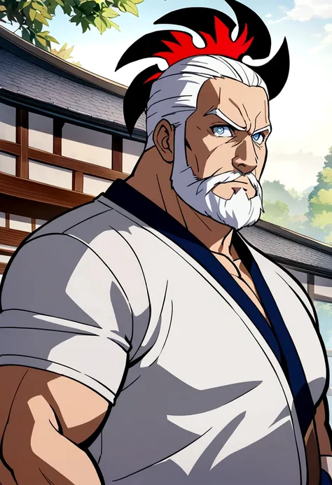 (good quality, ​masterpiece, Japanese Anime, two-dimensional, beautiful eyes, extremely detailed background, 8k wallpaper, extremely detailed face) Uncle, Slightly chubby body, Strong muscles, beard, hopeful eyes, bright eyes, blue eyes, mature and stable,...