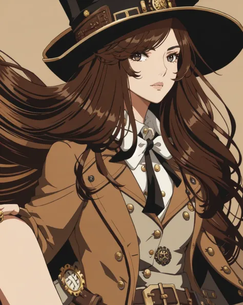 brown hair, steampunk, long hair, 1 girl, top hat, holding rifle