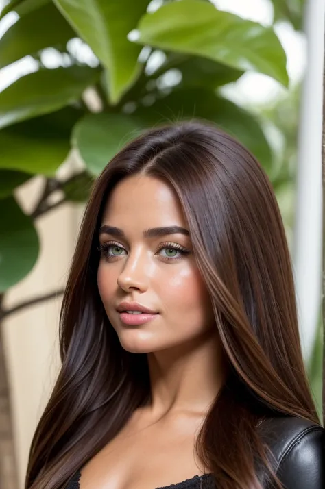 (( front view )) A close-up of the front face, Backyard background. Stunning cinematic photo of a 25-year-old girl with super long brown hair and green eyes, happy face, smile, cheerful, Contents, Nice teeth (Brown leather jacket, black colored clothes, bl...