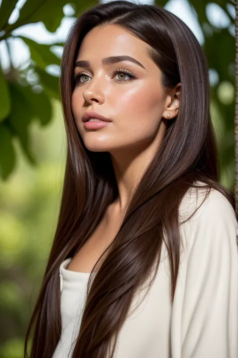 (( front view )) A close-up of the front face, Backyard background. Stunning cinematic photo of a 25-year-old girl with super long brown hair and green eyes, happy face, smile, cheerful, Contents, Nice teeth (Brown leather jacket, black colored clothes, bl...