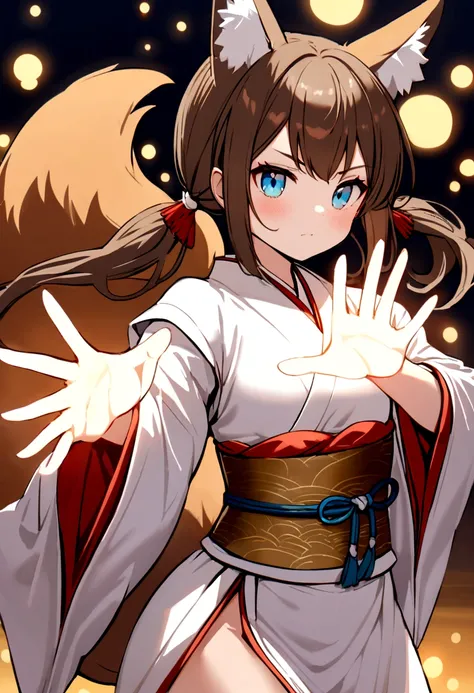 cute young girl, brown hair, long twintail hair, light blue eyes, fox ears, fox tail, muscular body, small breast, japanese outfit, fight with magic spirit pose