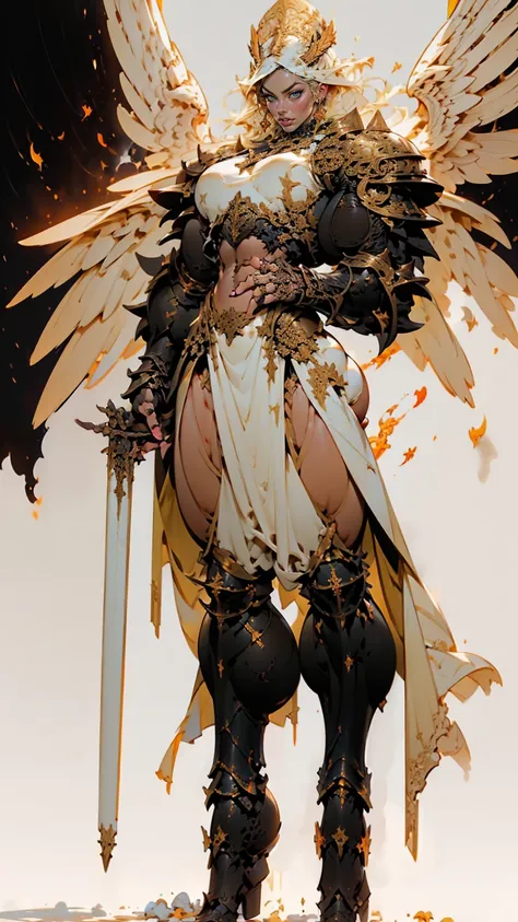 (cara delevingne), ((((((1 muscular angel girl)))))), (((huge upper body))), long hair, ((((huge angelic wings))), (((intricate ornate angelic full body armor))), ((((full body front view)))), (((perfect hands, perfect fingers))), (((empty background)))