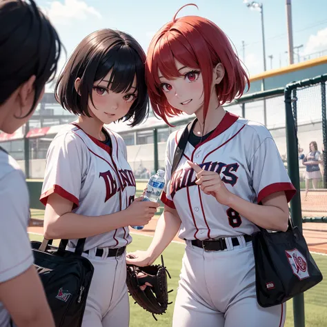 two beautiful young women, anime style, detailed faces, red hair, red eyes, delicate features, soft lighting, wearing baseball manager uniforms, one holding a clipboard and whistle, the other carrying a water bottle, standing by the baseball field, cheerfu...