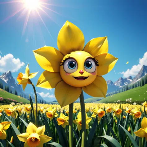 A cute daffodil monster with big eyes and a cheerful yellow bloom, proudly displaying its simple yet beautiful petals in the springtime. The cartoon character is designed in the style of Pixar animation studio, created using C4D software. It has a bright a...