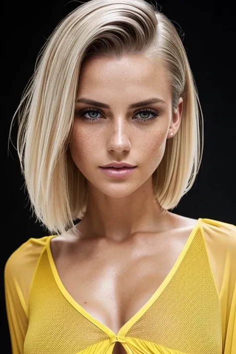 Gorgeous european woman with very short hair, short hair with fringe, wet hair, hair slicked back, combed straight back, slick hair, streaked blonde hair, Kate England in a tight wet yellow open blouse, cleavage, freckles, solid dark grey background