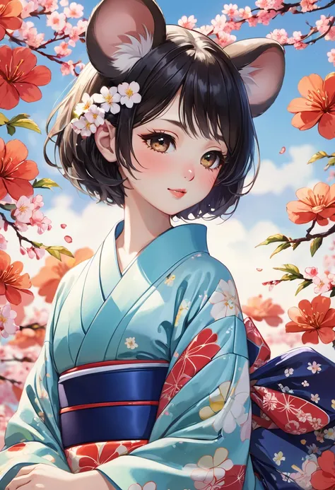 (Yumeji Takehisa style:1.2) , Hallucination, daydream , nightmare , Insane Dream , bokeh , erotica , romance , realistic mouse nymph and realistic cat , yukata , Petals fluttering down , Single eyelids, round nose, swollen cheeks , glossy lips , Collarbone...