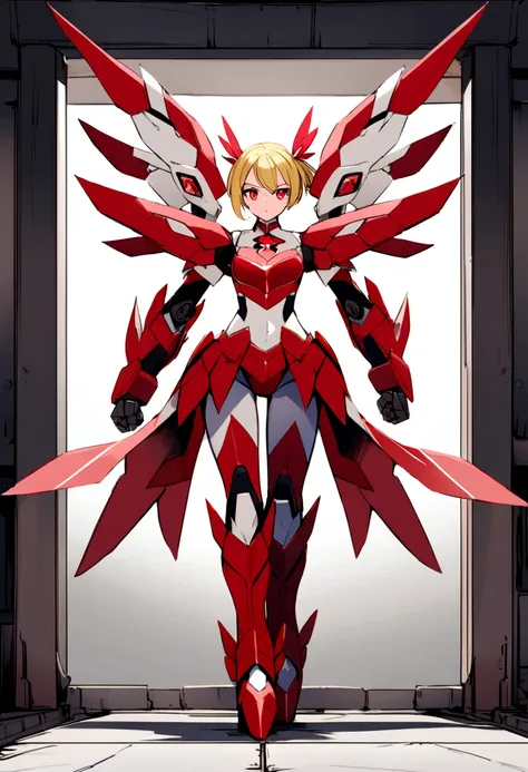 1 mecha style magical girl, blond hair, red eyes, wearing a magical girl armor in a mecha style, standing battle ready , full body in picture, turned towards viewer