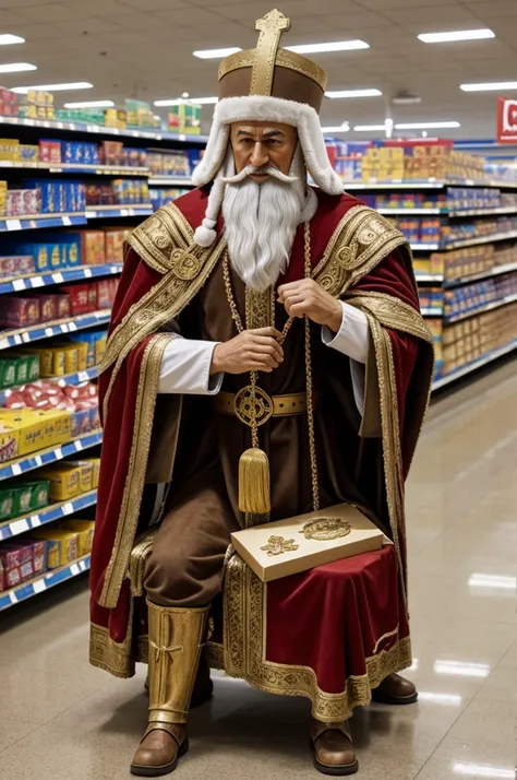 Cardboard St Nicholas throne with cardboard donkey in a supermarket 