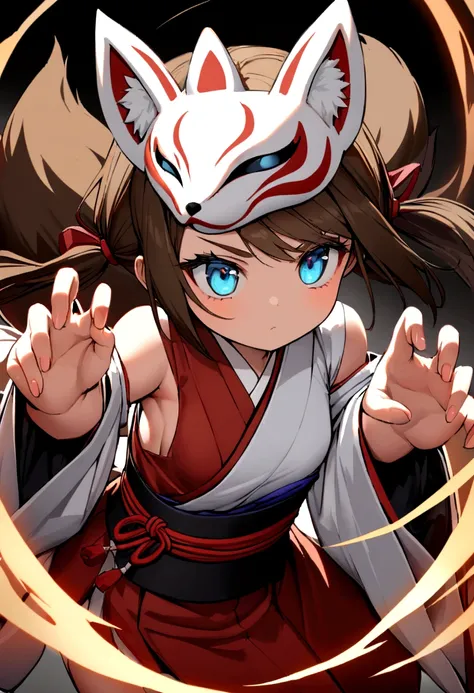 cute young girl, brown hair, long twintail hair, light blue eyes, fox ears, fox tail, muscular body, small breast, japanese outfit, fight with magic spirit pose, fox mask