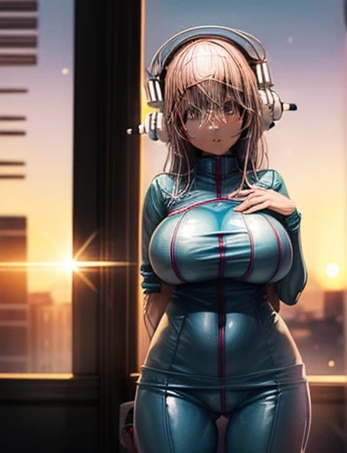 (one girl), super sonico enjoying the sunset outside the window, wearing a tight blue, pink, and white bodysuit, exposing cleava...