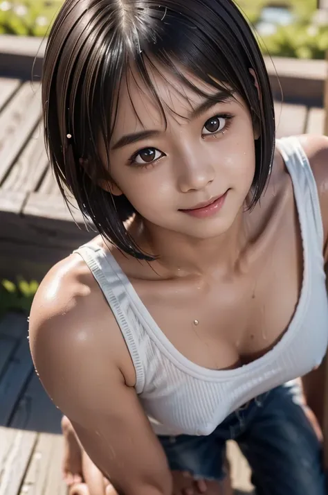 1girl, solo, (smile:1.25), cute japanese girl, (loli), break,
straight hair, (short hair:1.75), (hair over one eye:1.5), (flat chest:1.1), break,
(dark skin:1.35), (sweaty skin:1.2), break,
wet, (wet clothes:1.2), navy tank top only, break, 
(face close up...