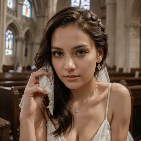 1girl in, 30 years old, Square face, Long hair, Looking at viewer, jewelry, Reality, Sexy, bridal page, church background, free pose