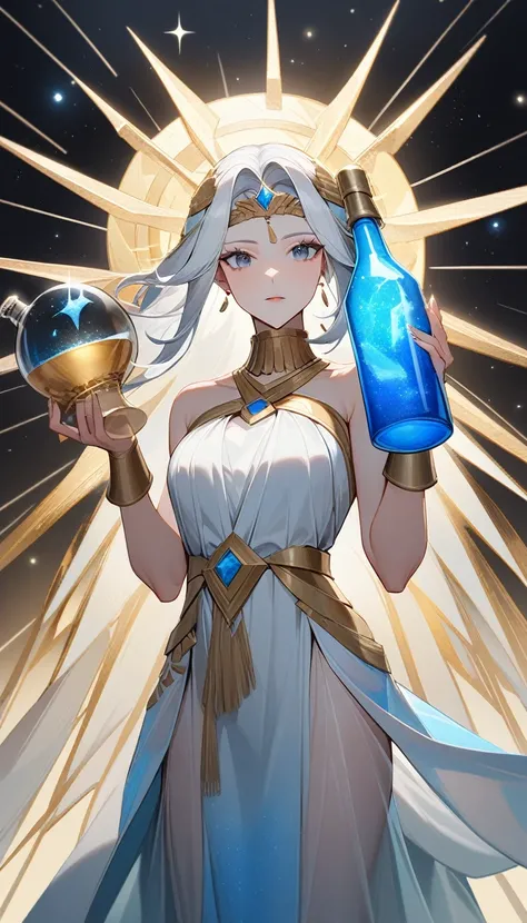 （Huang Li、high quality、Extremely detailed），Constellation Aquarius Goddess，Huge glass bottle，Woman holding glass bottle，Similar to Latin goodness，brave，capricious，Productivity，The face of enterprising and humanitarianism，Short blue and white hair，Ancient Gr...