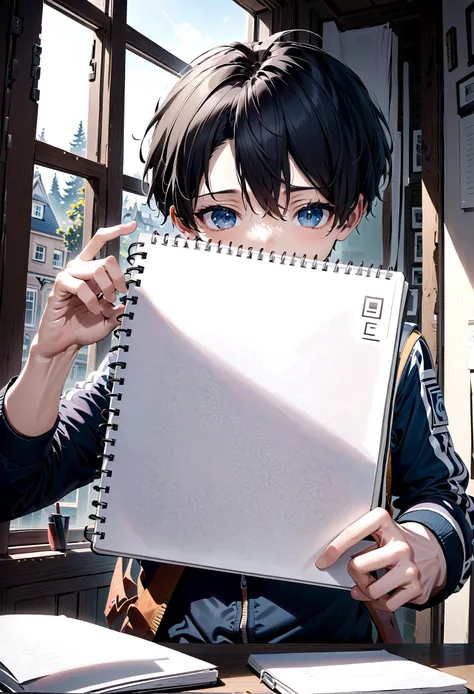 Have Levi hold an open white sketchbook and point at it with his finger as if he is explaining something. Make his face face the camera, and the notebook is also clear, and behind it is an unknown window. He thickens the notebook and shows it completely to...