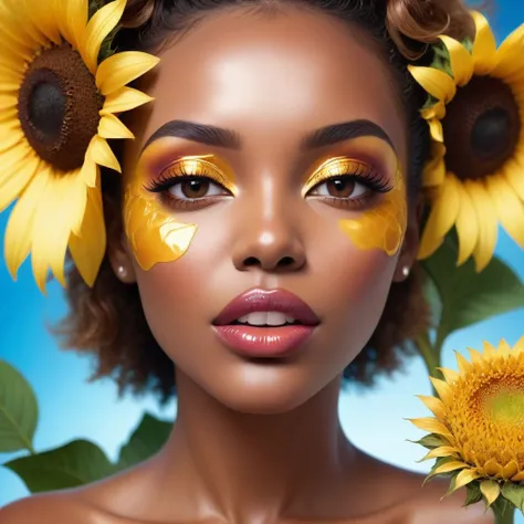 Create a captivating and stunning vibrant honeycomb texture on the lips ( mimic a real honey comb in brown and bright shades ) , complemented by a big sunflower on the skin , the lips should  be parted with the sparkling two upper white teeth displayed. Th...