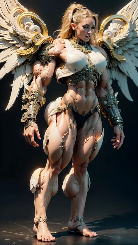 (cara delevingne), ((((((1 muscular angel girl)))))), (((huge upper body))), long hair, ((((huge angelic wings))), (((intricate ornate angelic full body armor))), ((((full body front view)))), (((perfect hands, perfect fingers))), (((empty background)))