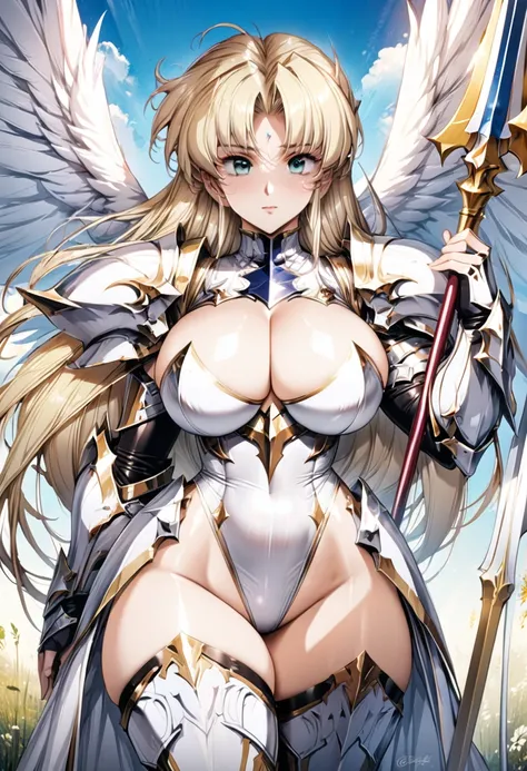 ((highest quality)), ((masterpiece)), ((hyperrealistic)), (detailed background), solo, 1girl, ((curvy: 1.2)), kawaii, gentle smile, ((angel knight)), langrisser, blonde braided long hair, stylish pose, fighting pose, ((white leotard: 1.5)), (white paladin ...