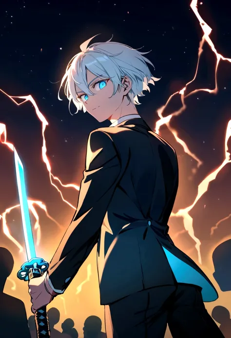 +A young white-haired man in a stylish suit and tie,+ blue eyes,+ lively light,+ Stand and look back.,+ holding a lightning katana,+ short hair,+ at night