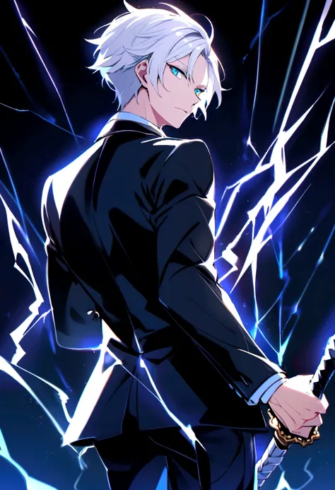 +A young white-haired man in a stylish suit and tie,+ blue eyes,+ lively light,+ Stand and look back.,+ holding a lightning katana,+ short hair,+ at night