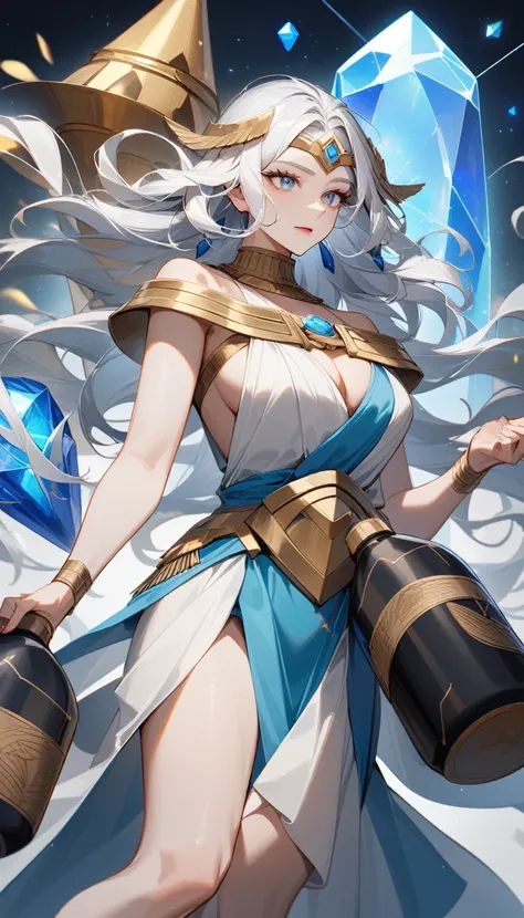 （Huang Li、high quality、Extremely detailed），Constellation Aquarius Goddess，Giant drifting bottle，Woman holding a drift bottle，Similar to Latin goodness，brave，capricious，Productivity，The face of enterprising and humanitarianism，Short blue and white hair，Anci...