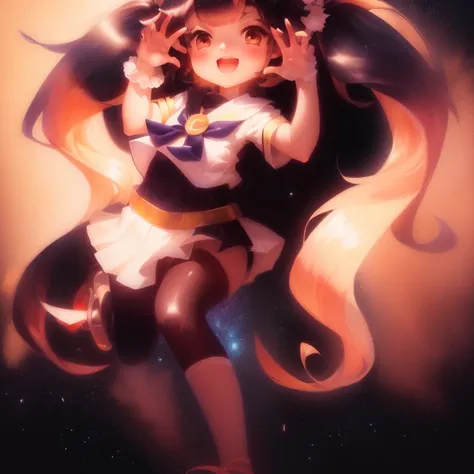 A painting of a girl with long hair, , Clear anime silhouette, Raise your arms , Happy，