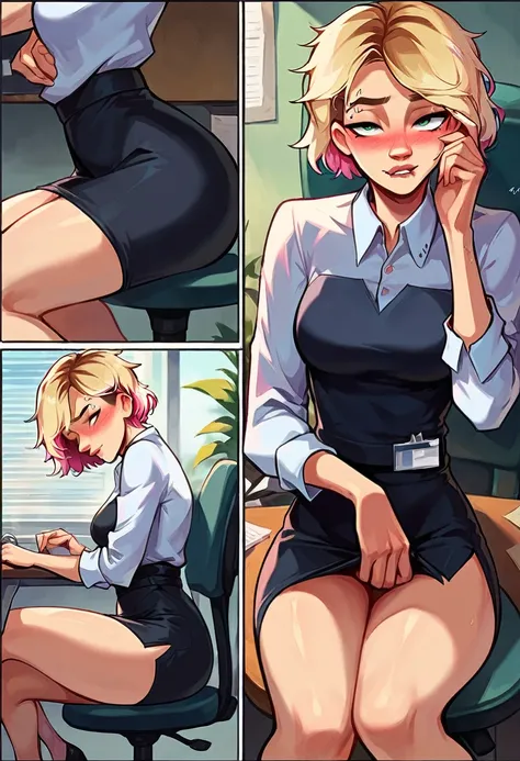 score_9, score_8_up, score_7_up, score_6_up, rating_explicit, sequence, comic, 8-panel, source_comic, perfect breasts, (short hair Gwen Stacy:1.6), wearing (sexy office attire:1.5), (modern office:1.6), blush, sitting at her desk, thighs pressed tight toge...