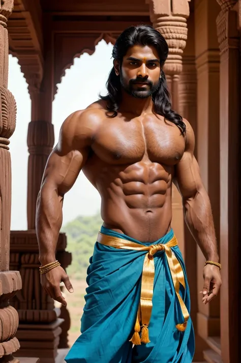 A guy of Vedic era royal with muscles arms and body wearing vibrant dhoti 