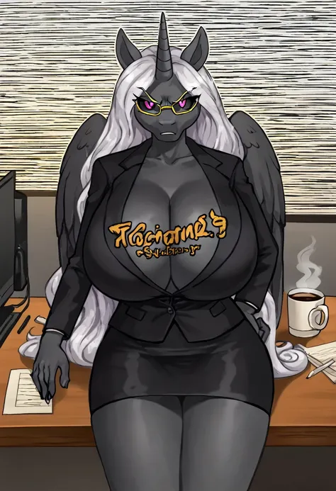 Alicorn princess, white mane,black sclera ,black body color  long flowing  mane pink eyes anthro huge breasts 
hot for teacher yellow glasses, black skirt suit,doing paperwork ,,writing ,principal ,coffee cup on table ,computer  looking at viewer ,angry lo...