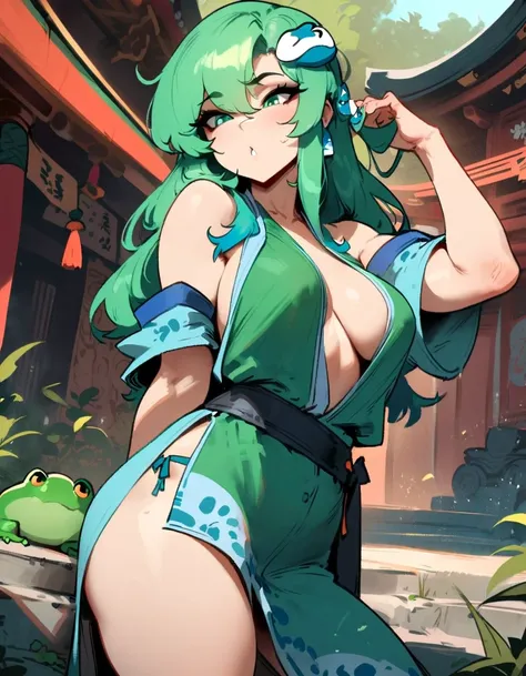 1girl, kochiya sanae, touhou //// masterpiece, best quality, very aesthetic, absurdres, newest, rating:nsfw ///// by nyantcha, cutesexyrobutts,by khyle /////  ///// green hair, green hair, hair ornament, shrine, he wears a snake-shaped hair accessory wrapp...