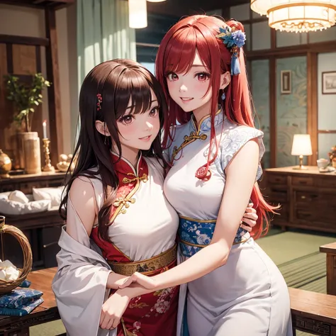 Two beautiful young women, Anime Style, Detailed face, Redhead, Red eyes, Delicate features, Soft lighting, Wearing traditional Chinese costume (China dress), Playful expressions, laugh and enjoy, cozy、Nicely decorated room, One pushes the other playfully ...