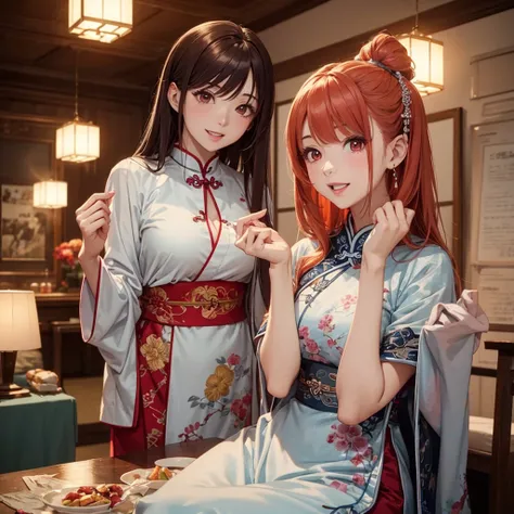 Two beautiful young women, Anime Style, Detailed face, Redhead, Red eyes, Delicate features, Soft lighting, Wearing traditional Chinese costume (China dress), Playful expressions, laugh and enjoy, cozy、Nicely decorated room, One pushes the other playfully ...