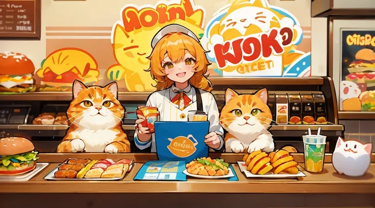 Anthropomorphic golden Scottish Fold cat ordering lots of food at a fast food restaurant、Standing at the counter of a colorful and bustling fast food restaurant。The cat has a big smile、A tray full of burgers、potato、Ordering a drink。Other cat customers and ...