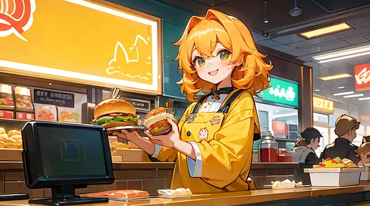 Anthropomorphic golden Scottish Fold cat ordering lots of food at a fast food restaurant、Standing at the counter of a colorful and bustling fast food restaurant。The cat has a big smile、A tray full of burgers、potato、Ordering a drink。Other cat customers and ...