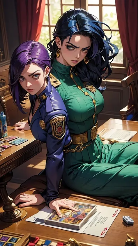 “Create an image in the style of JoJo’s Bizarre Adventure, featuring two characters sitting at a table playing a board game. The characters have exaggerated poses, intense expressions, and dynamic manga-style lines. One character is wearing a military-styl...