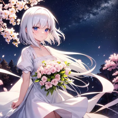 White haired anime girl holding flowers in beautiful night shining stars