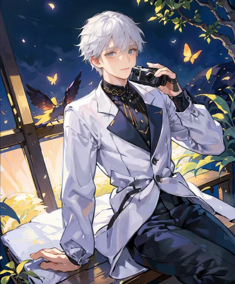 dynamic angle, splash art, high definition, full body, guy with white hair, sitting, surrounded by butterflies in a garden, soft...