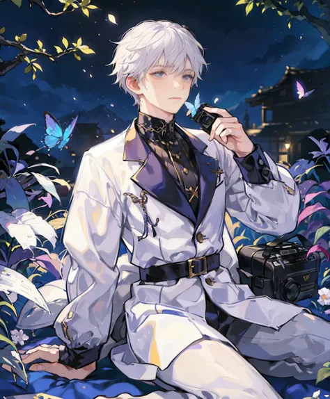 dynamic angle, splash art, high definition, full body, guy with white hair, sitting, surrounded by butterflies in a garden, soft...